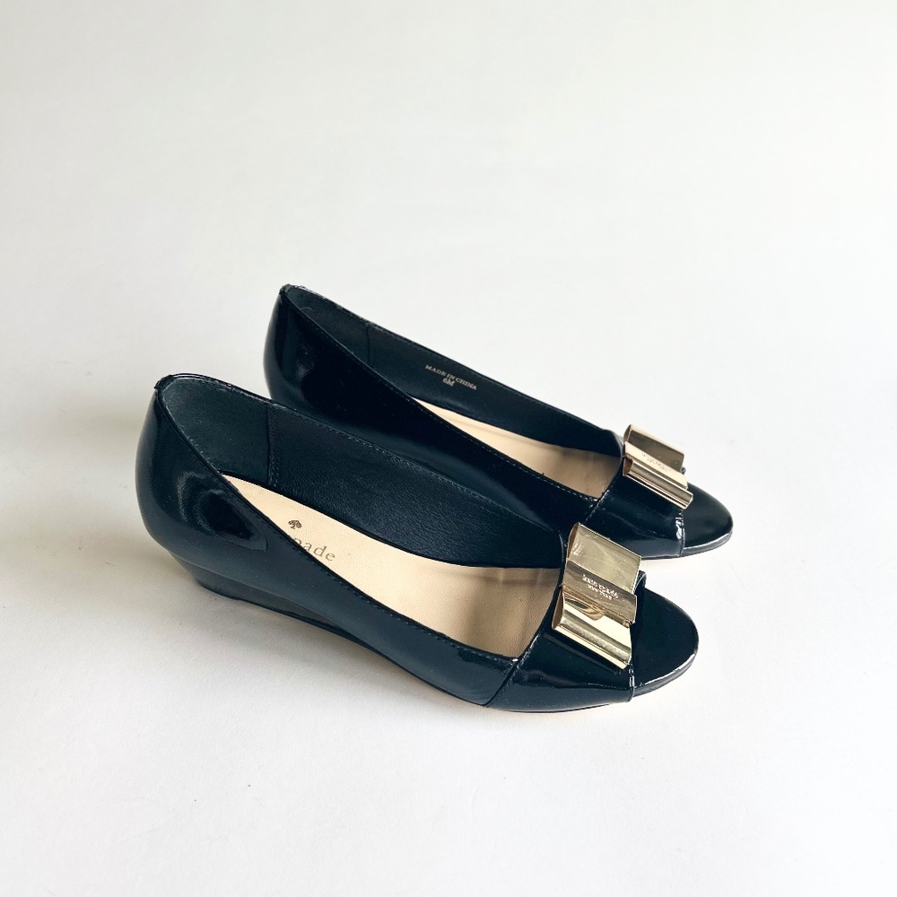 Kate Spade Black Patent Leather Open Toe Wedges size 6